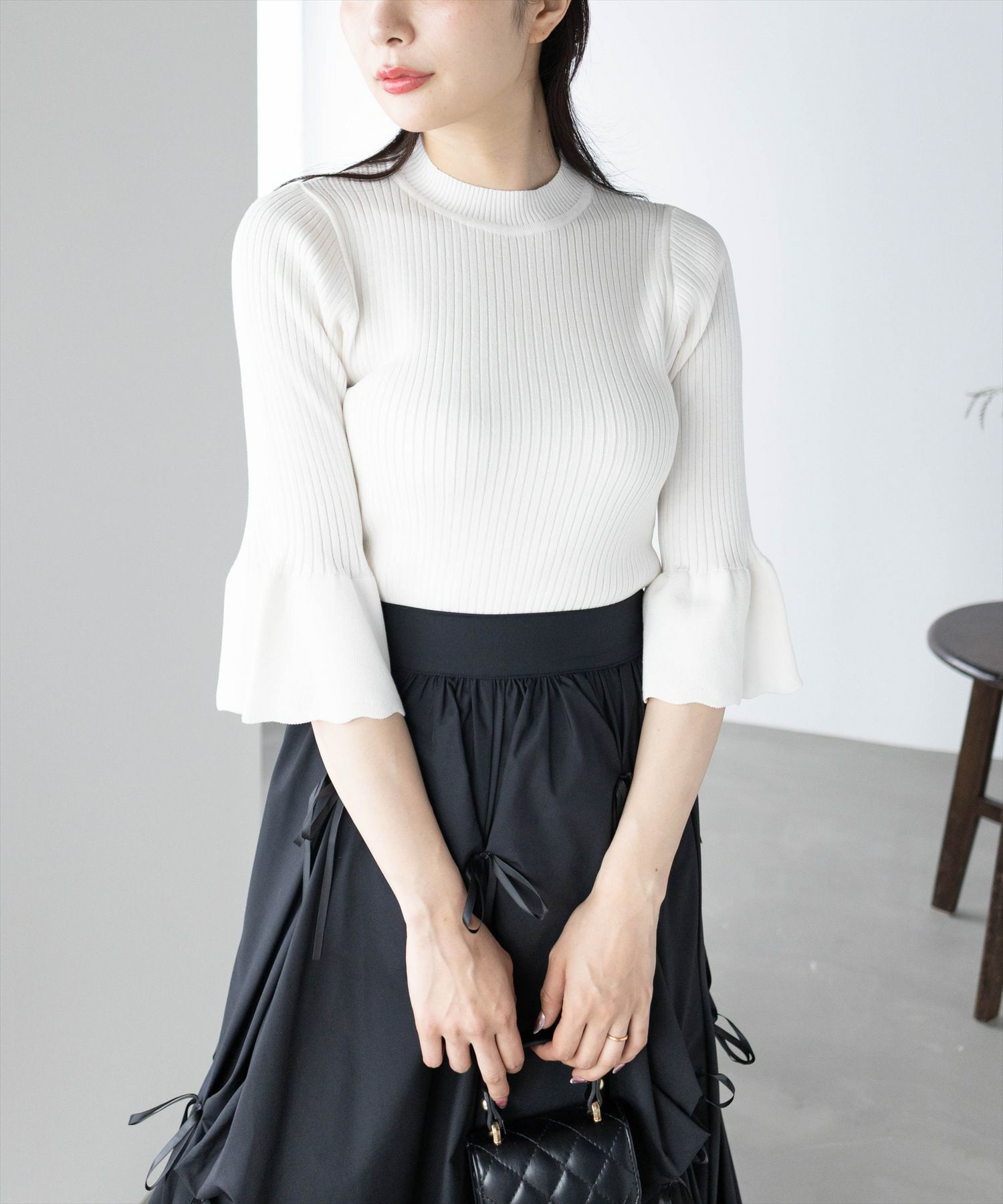 CLEAR BASIC 五分袖スカラップニットトップス[CL9113] | レディース