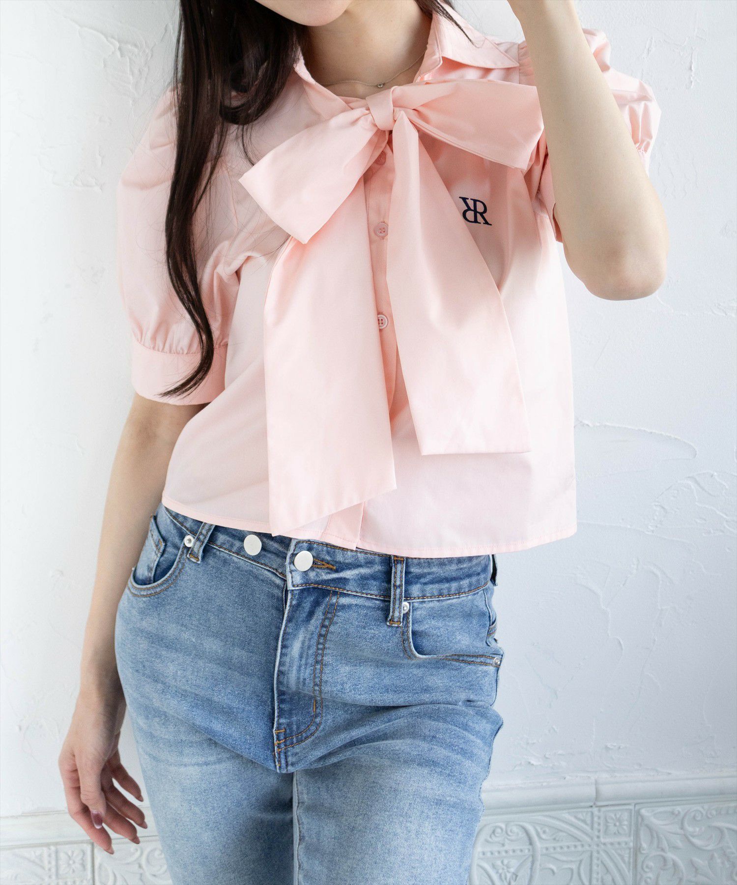 clear ビッグリボンワンポイント刺繍半袖ブラウス[CL9222