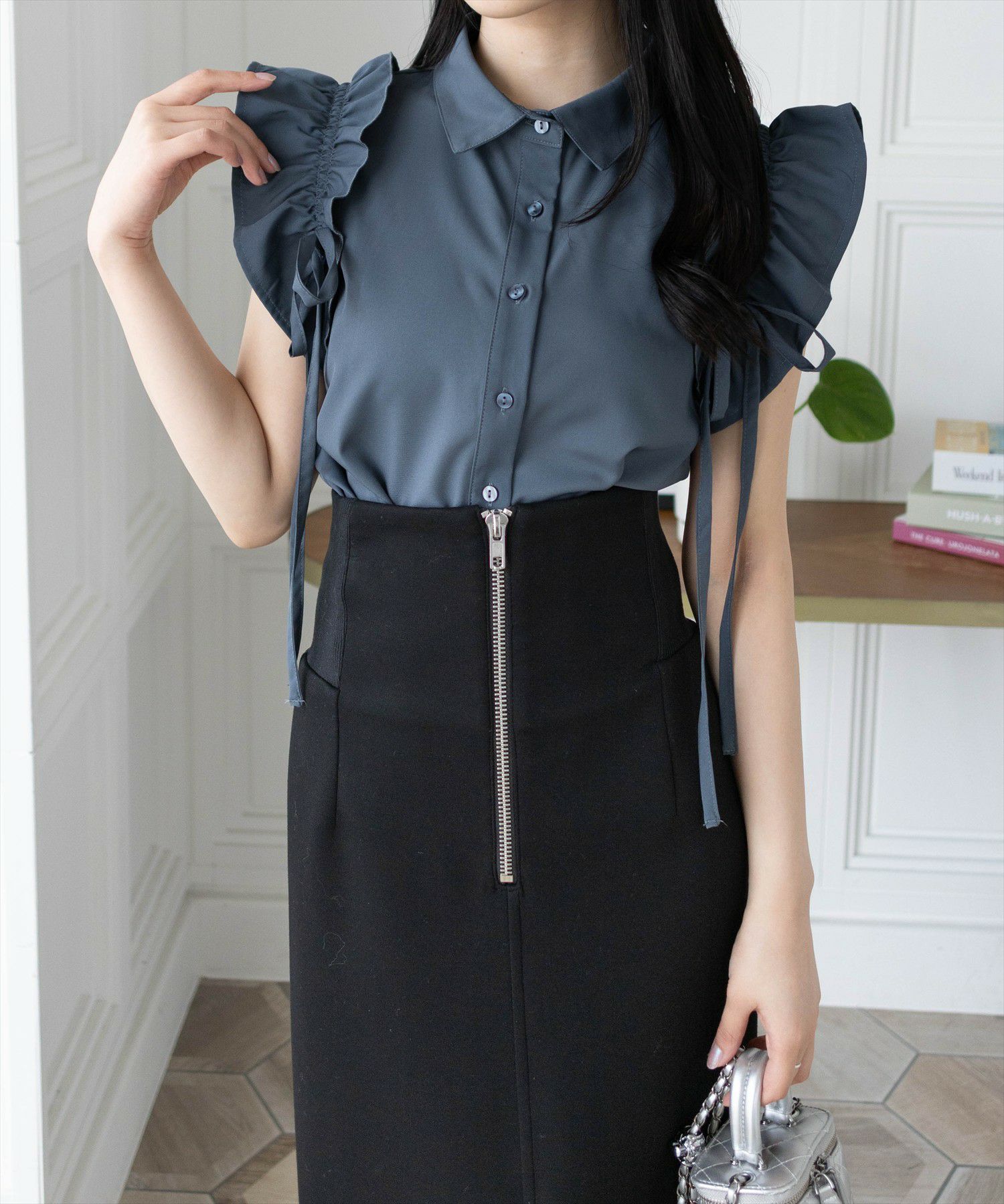 CLEAR BASIC リボン付きフリルノースリーブブラウス[CL9110