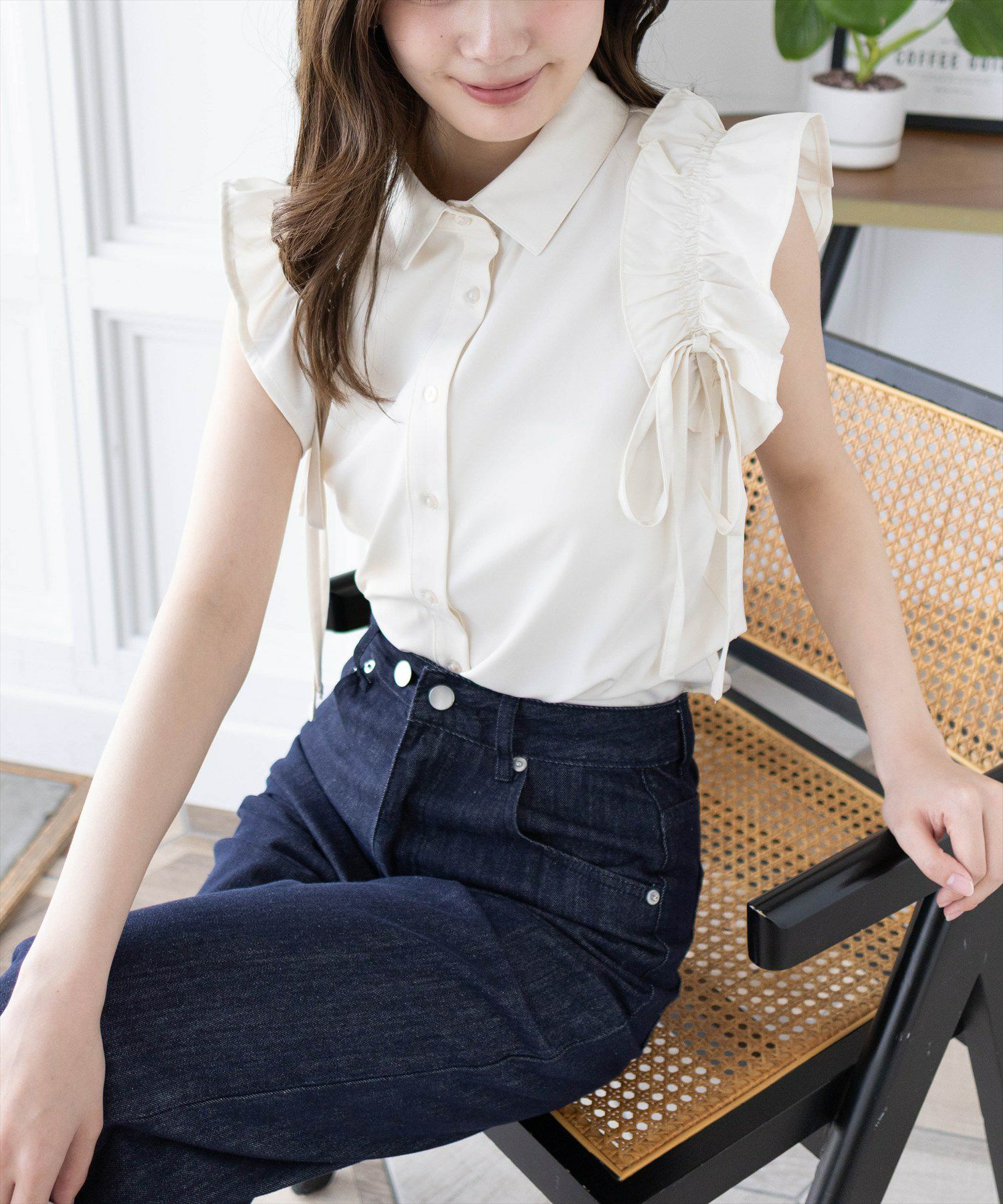 CLEAR BASIC リボン付きフリルノースリーブブラウス[CL9110