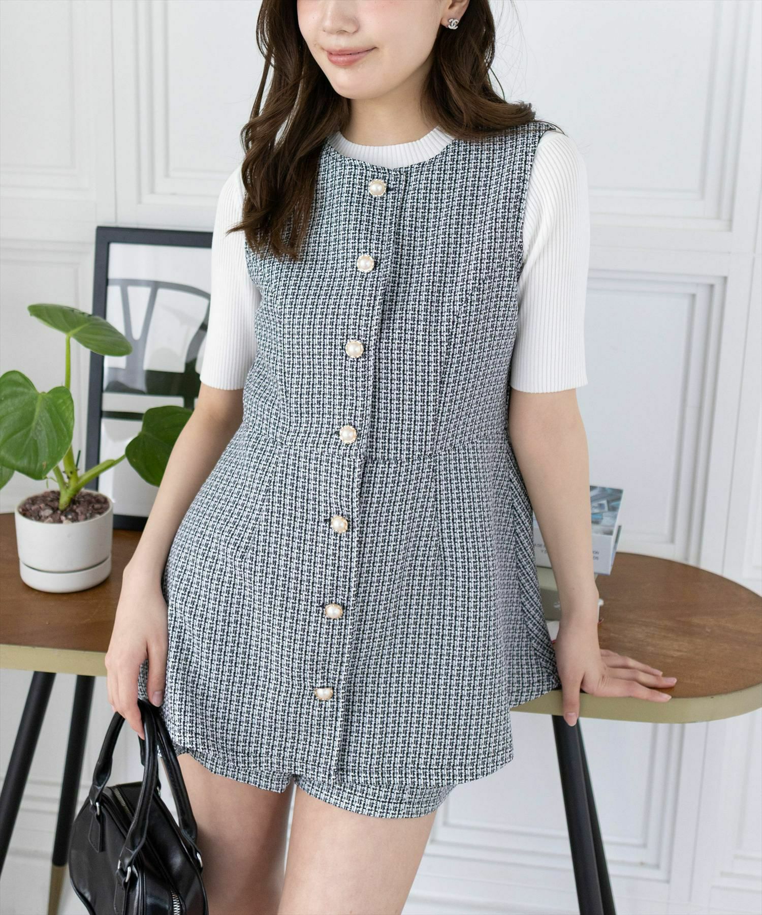clear サマーツイードフロントボタンチュニック＆ショートパンツセット