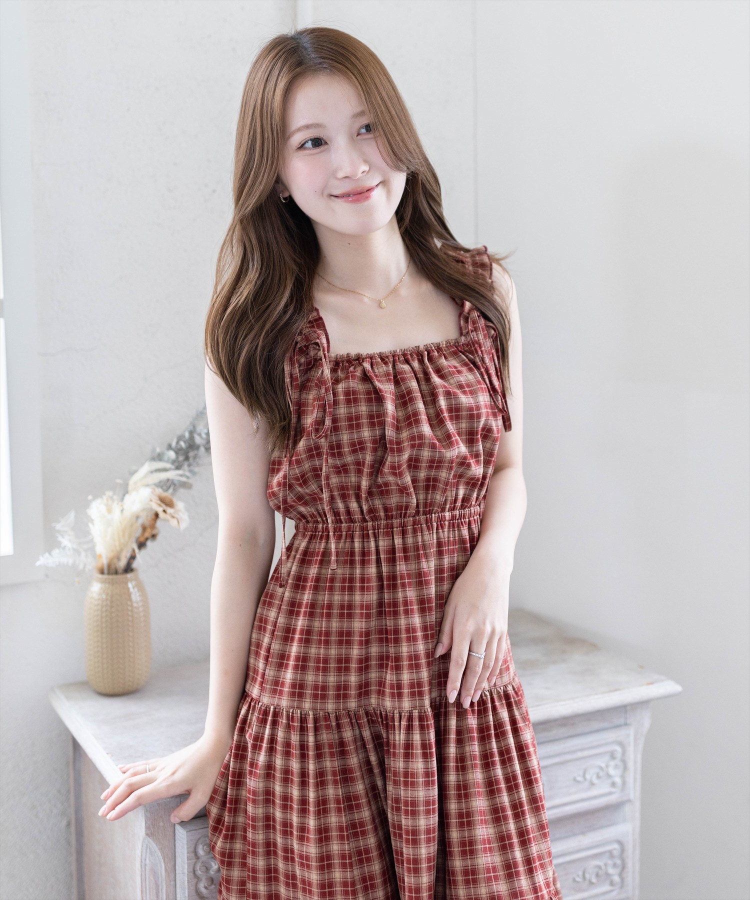 165cm/ボルドー×チェック着用