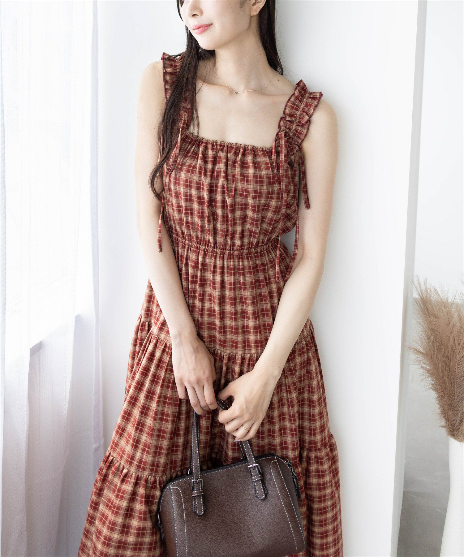 165cm/ボルドー×チェック着用