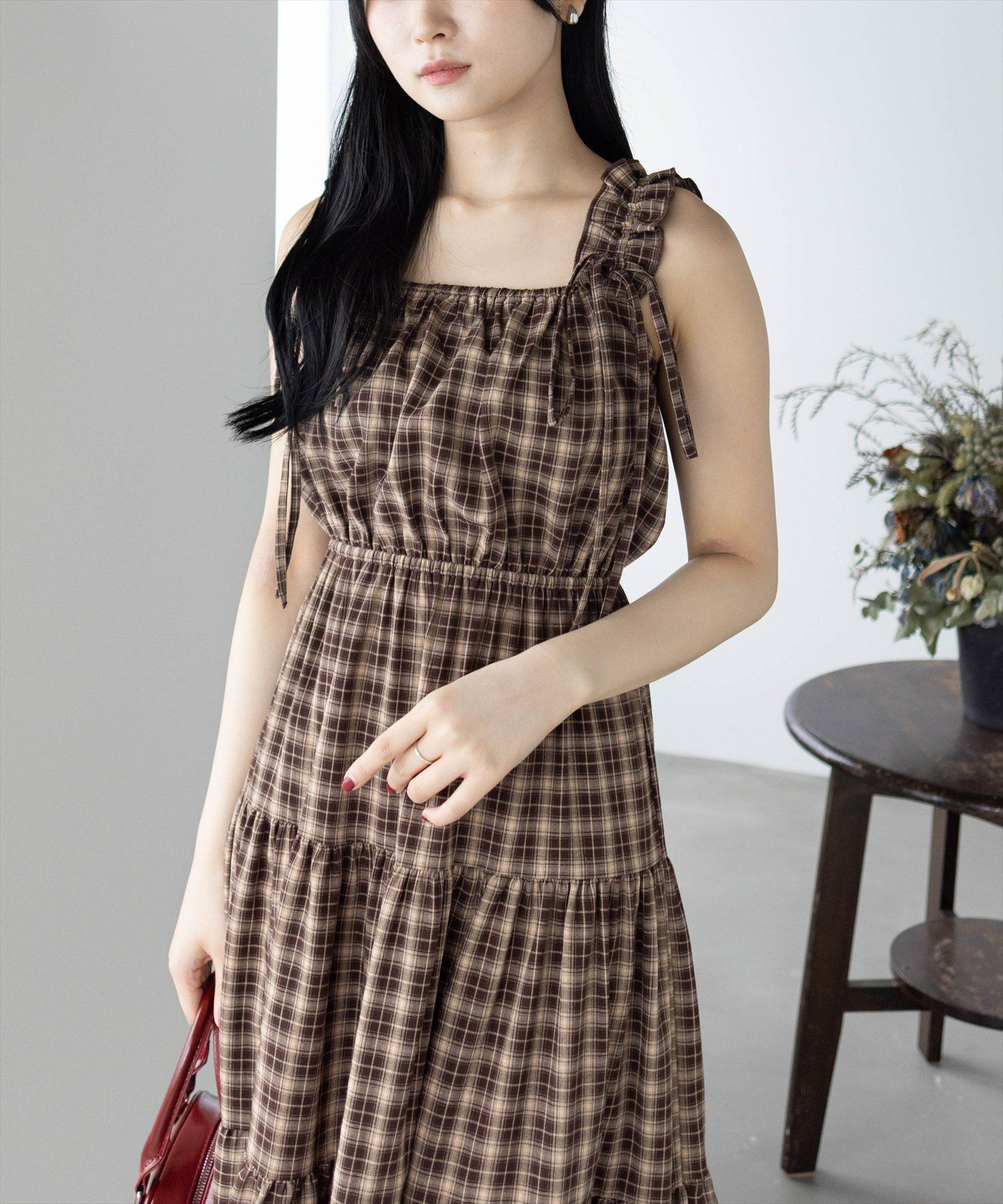 162cm/ブラウン×チェック着用