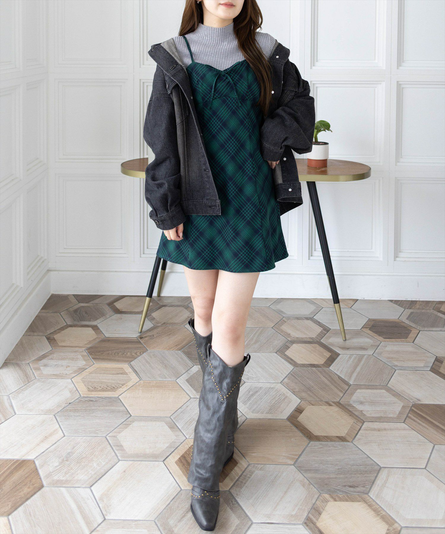 161cm/グリーン×チェック着用