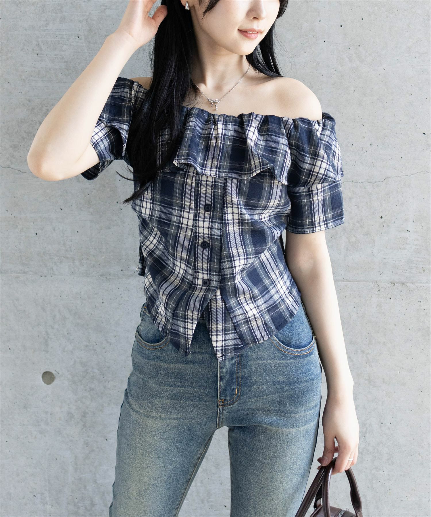 ロイスクレヨン チェック花柄 半袖ブラウス ロイスクレヨン チェック花柄 半袖ブラウス Lois CRAYON - ロイス