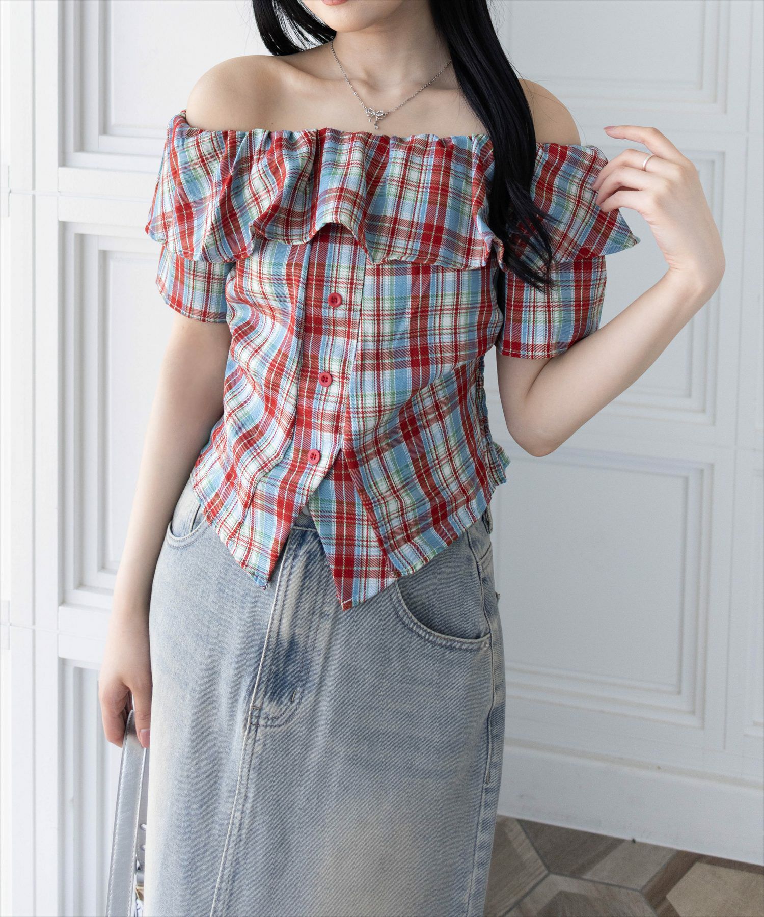 clear チェック柄オフショル半袖ブラウス[CL9343] | レディース