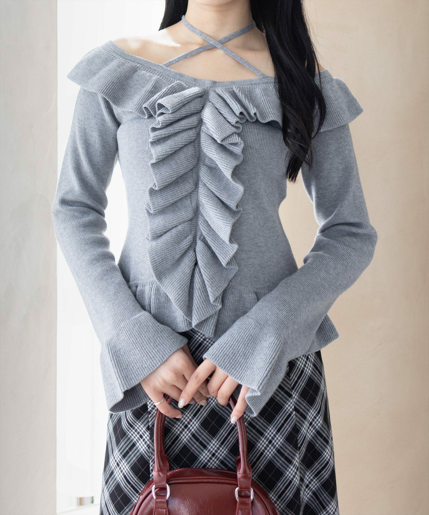 clear≪AW新作≫ホルターネックリボンフリルフレアスリーブニット