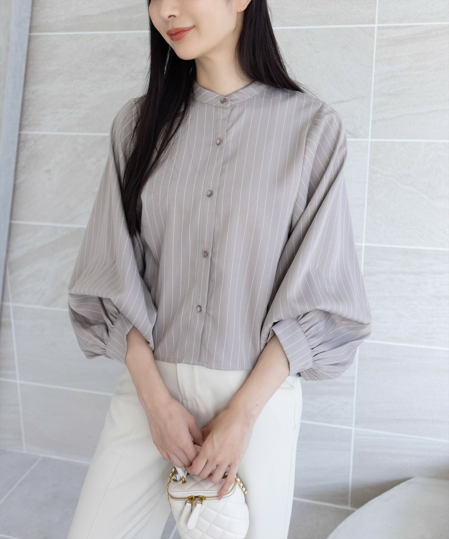 CLEAR BASIC ストライプ柄マルチスリーブ長袖ブラウス[CL9419