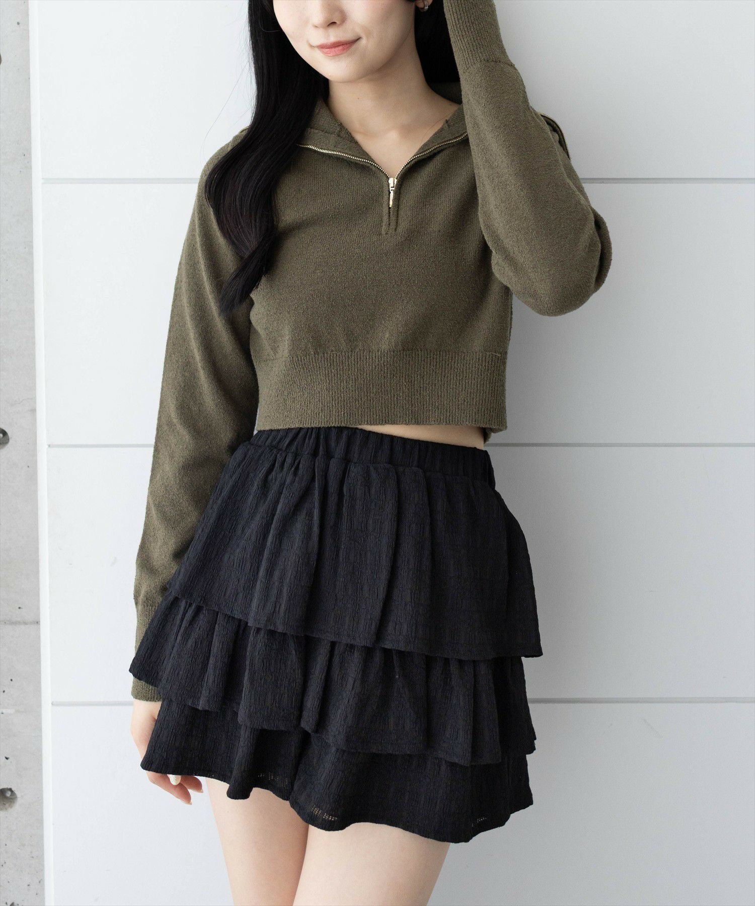 clear オーバーカラーハーフジップショート丈ニットトップス[CL9423