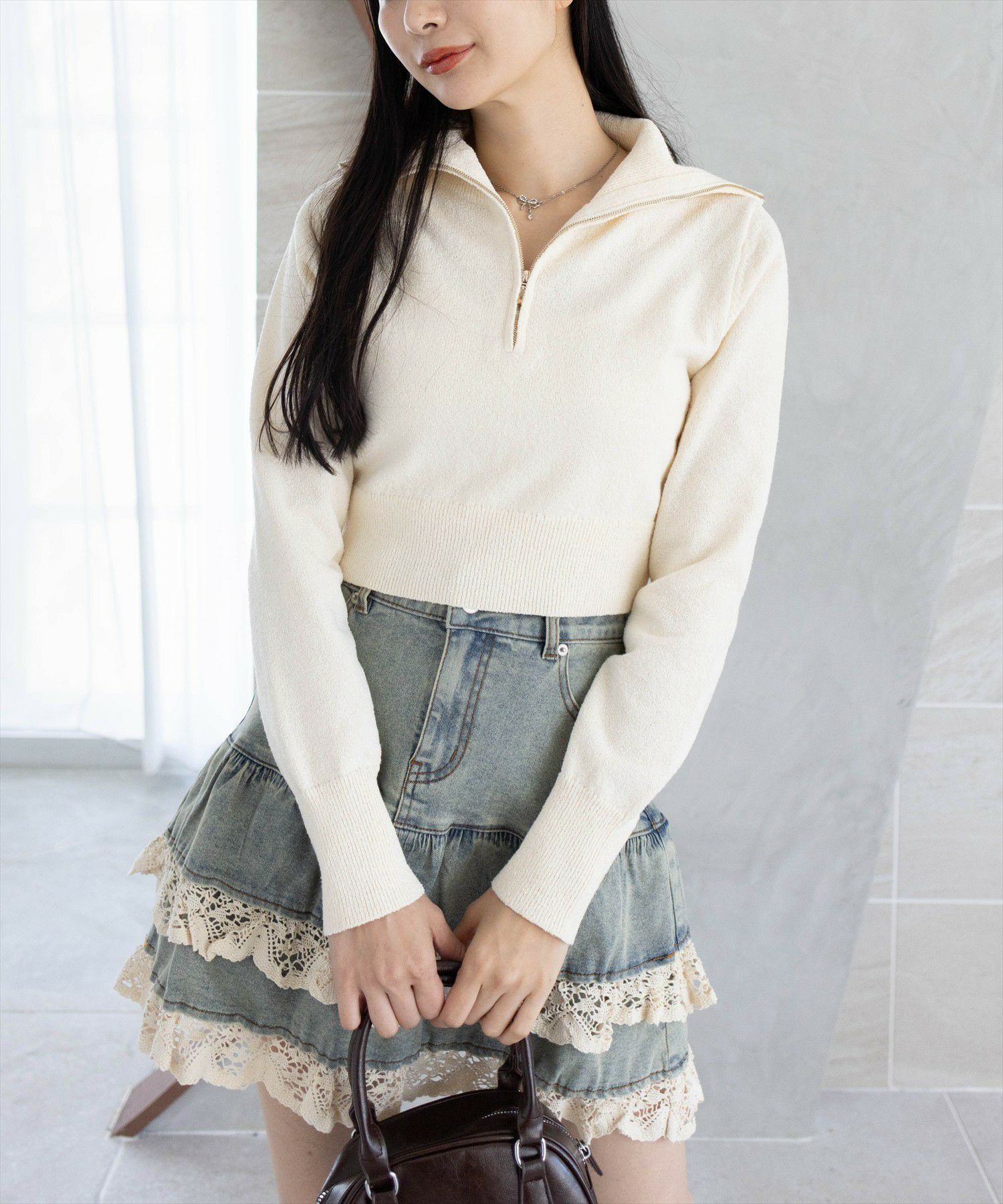 clear オーバーカラーハーフジップショート丈ニットトップス[CL9423