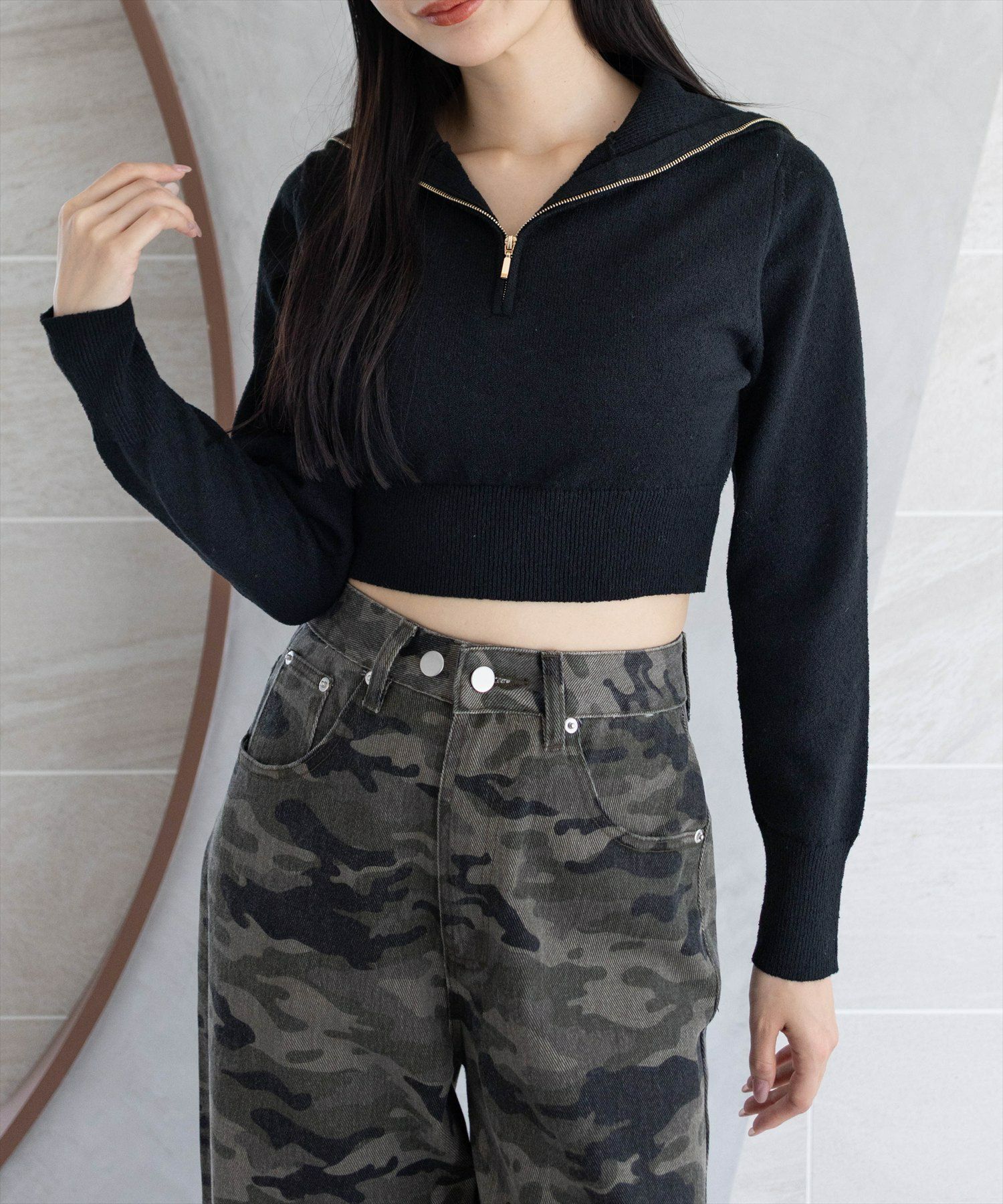 clear オーバーカラーハーフジップショート丈ニットトップス[CL9423