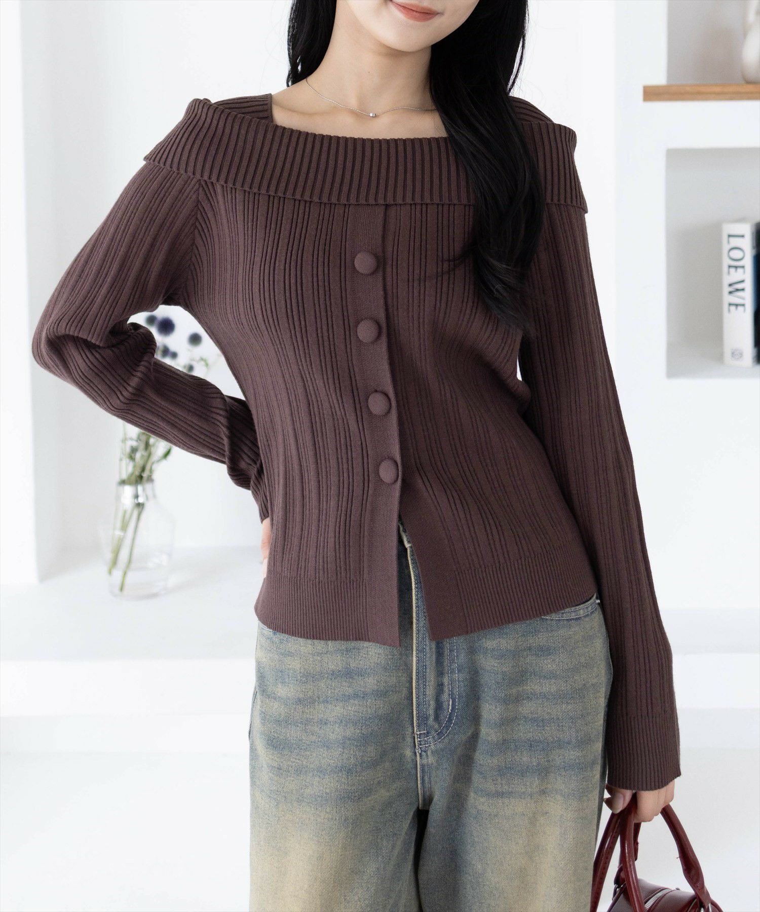 CLEAR BASIC オフショル風ボタンリブニットトップス clear