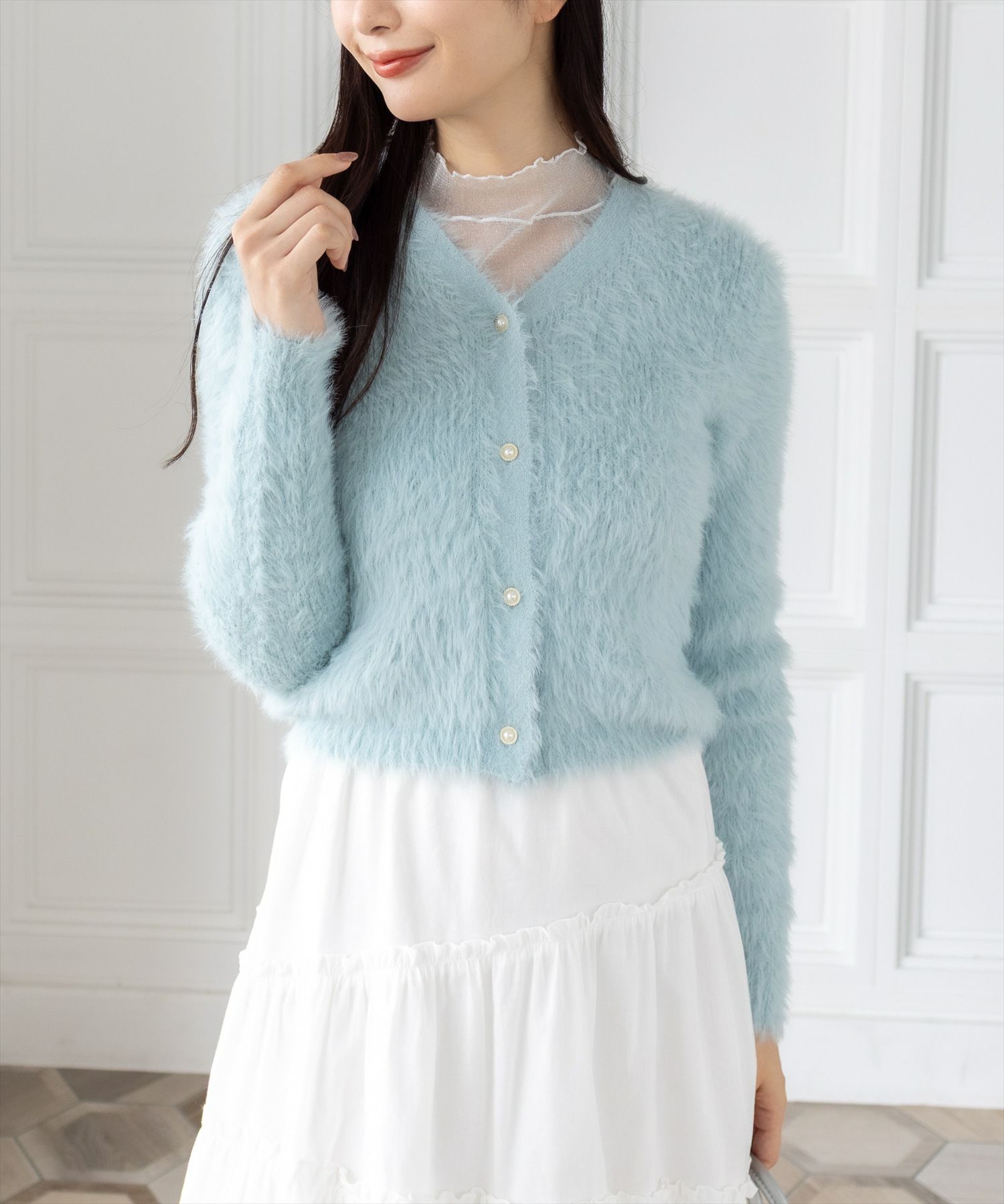 clear≪新色追加≫ビジューボタンフェザーショートカーディガン[CL9059