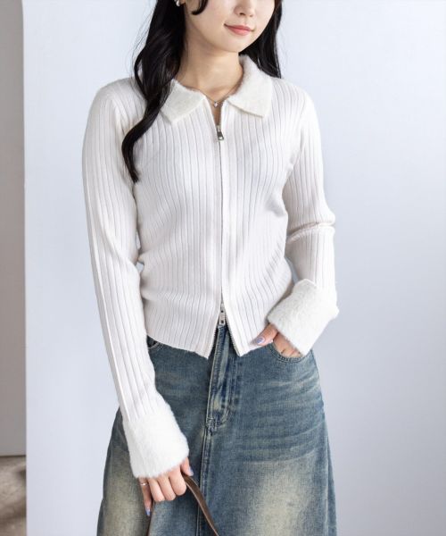 clear≪AW新作/新色追加≫襟袖ショートフェザーダブルジップリブニット