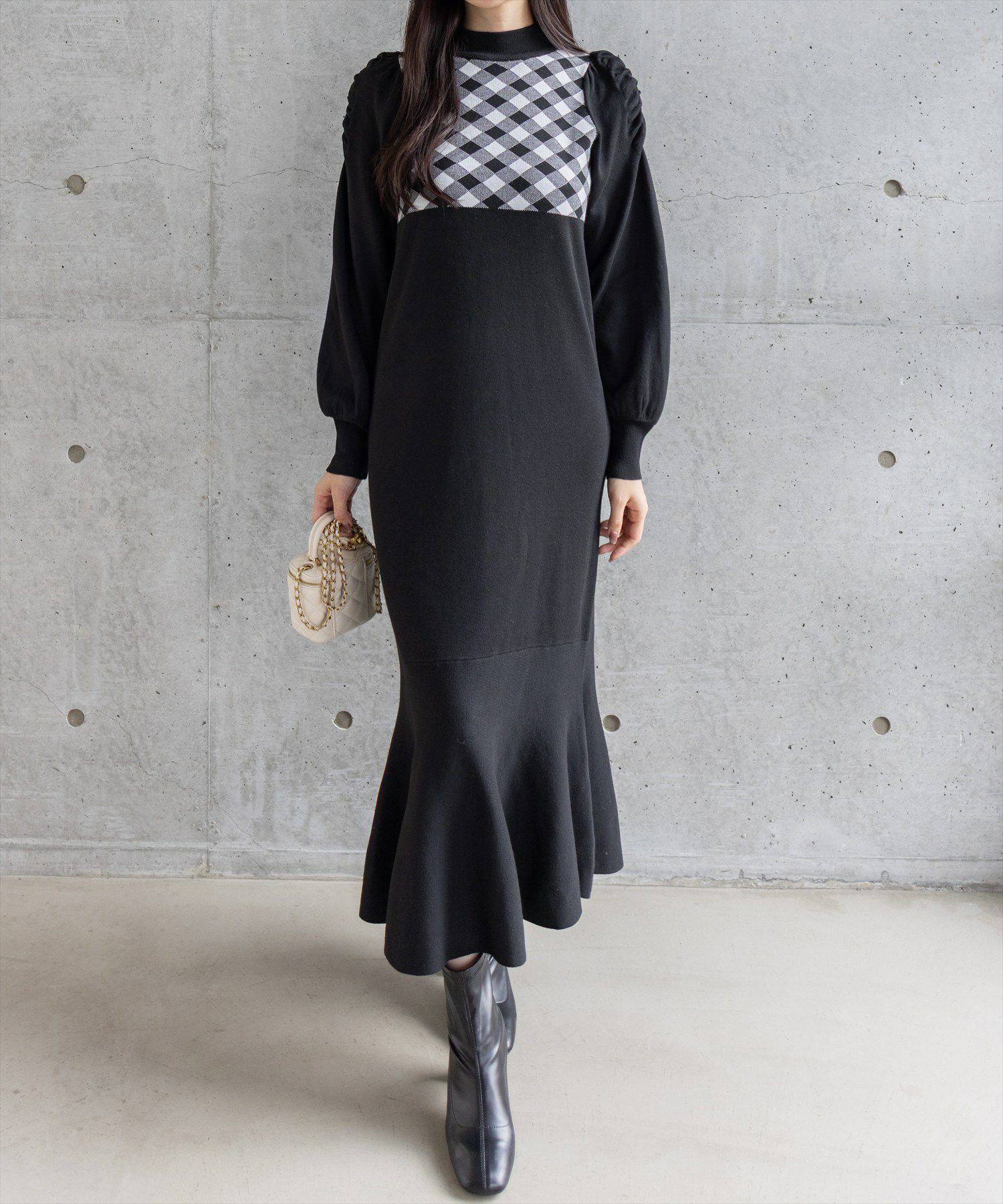 CLEAR BASIC ブロックチェックジャガードニットロングワンピース