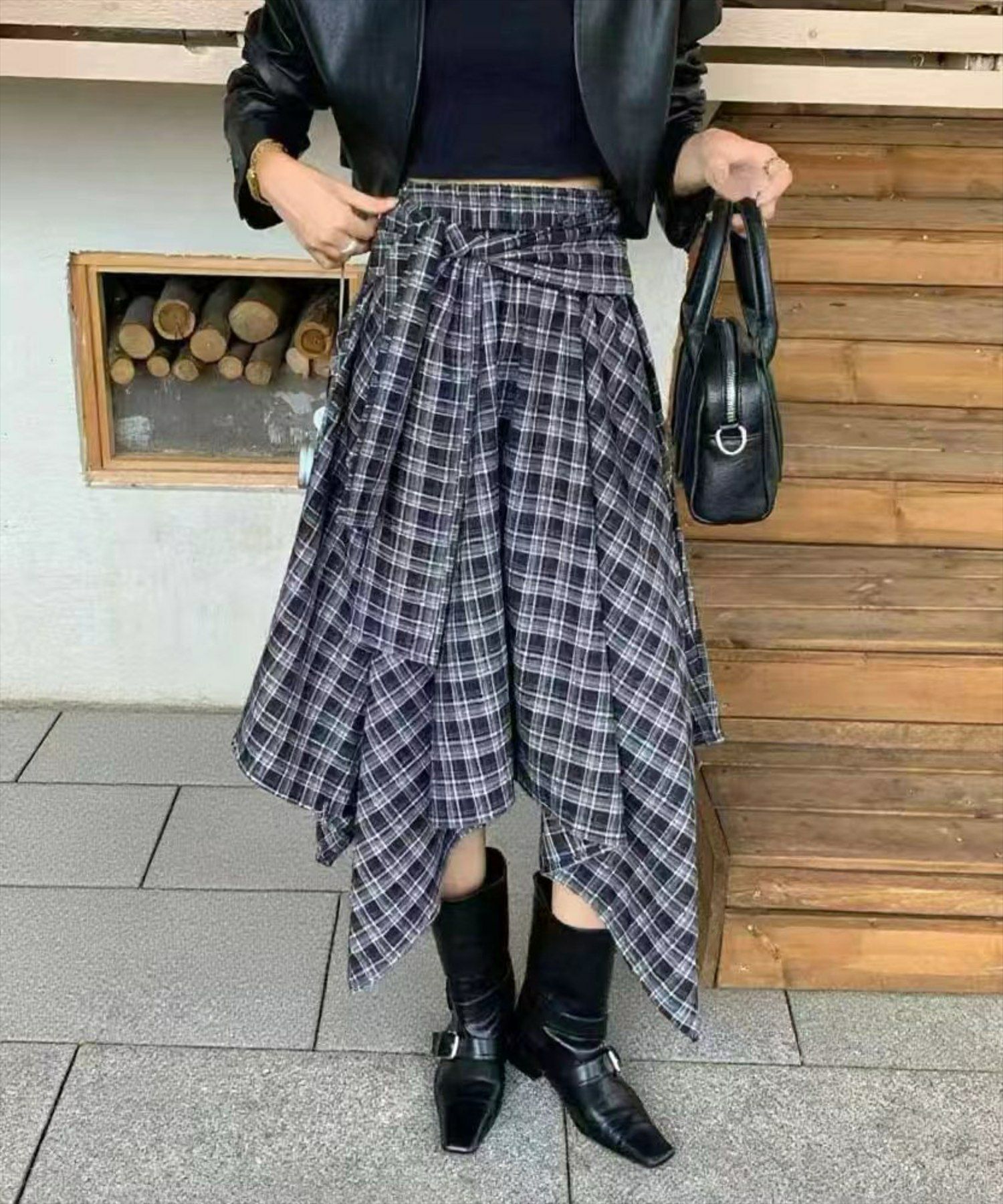 STAY MOTION≪WEB限定/AW新作≫アシンメトリーフリルチェック柄ロング