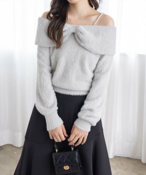 clear≪AW新作≫パールデザインフェザーオフショルニットトップス