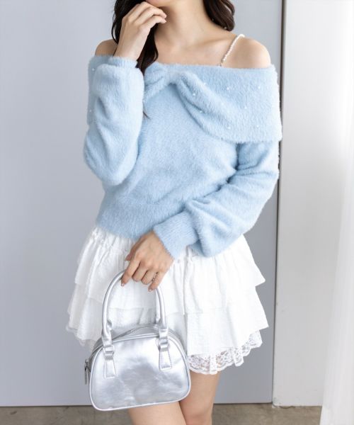 clear≪AW新作≫パールデザインフェザーオフショルニットトップス