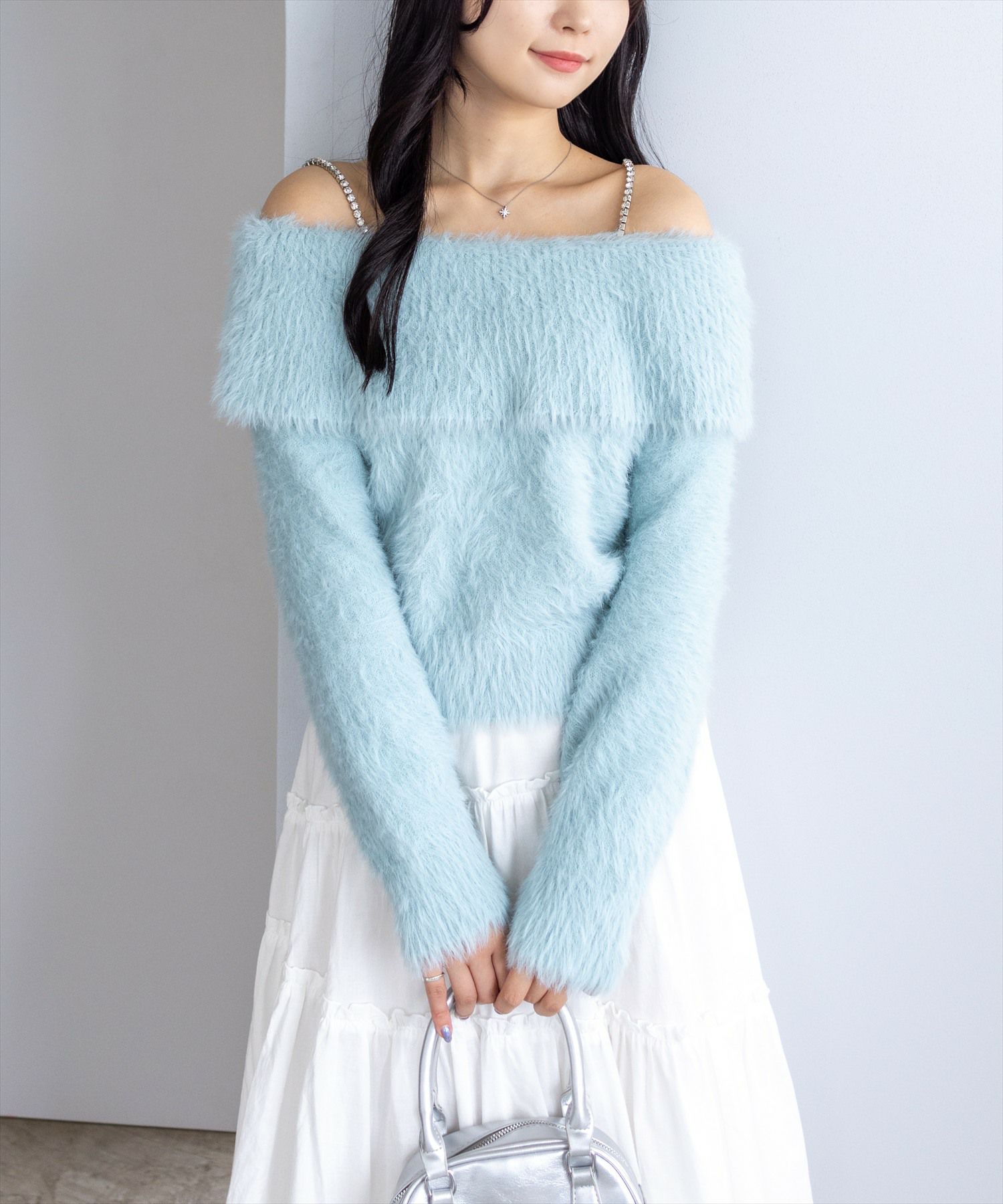 みほ様 オフショルニット ミント clear≪再入荷≫肩ビジューフェザーオフショルニットトップス[CL9053