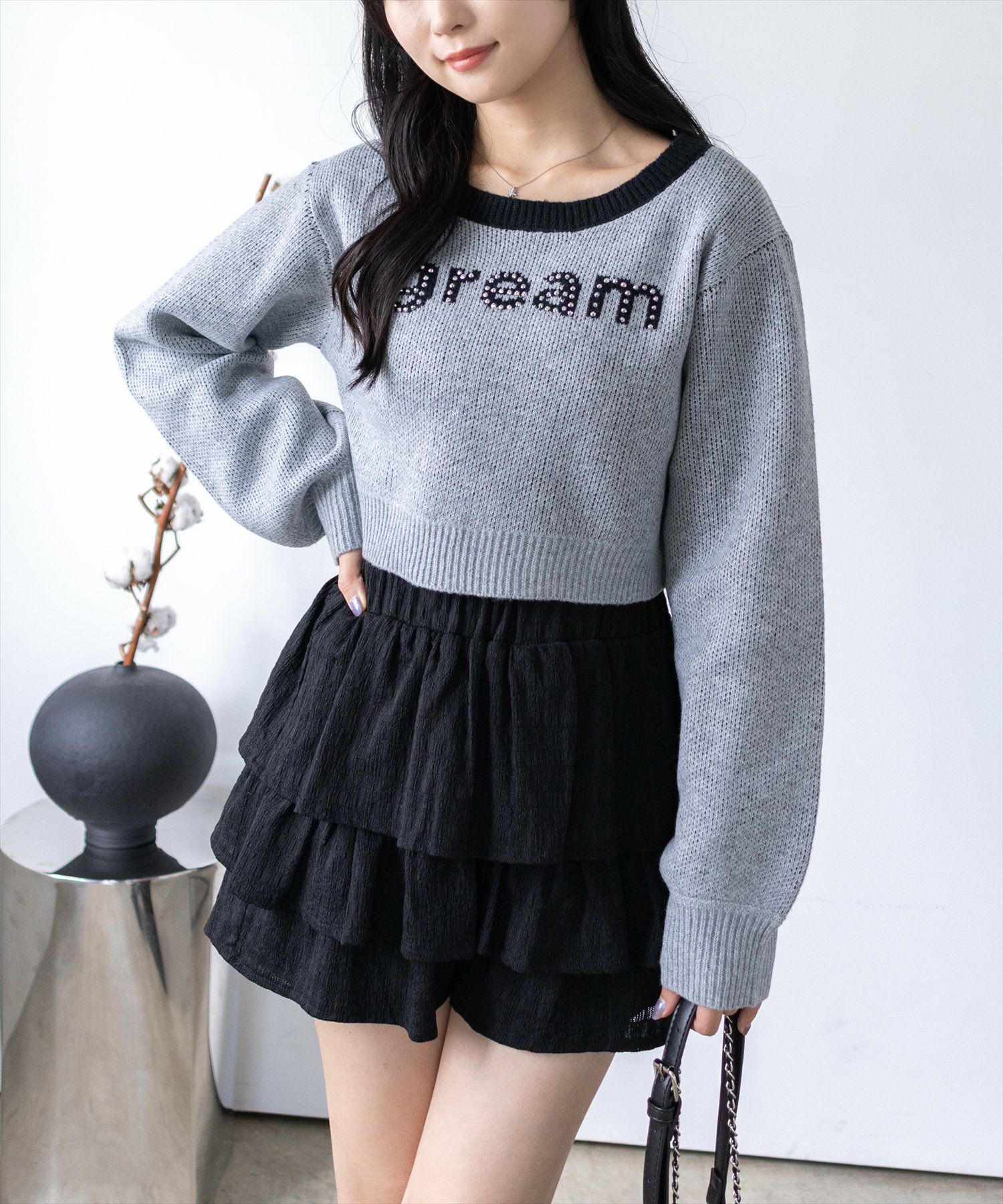 clear≪AW新作≫ストーンロゴジャガードクロップドニットトップス