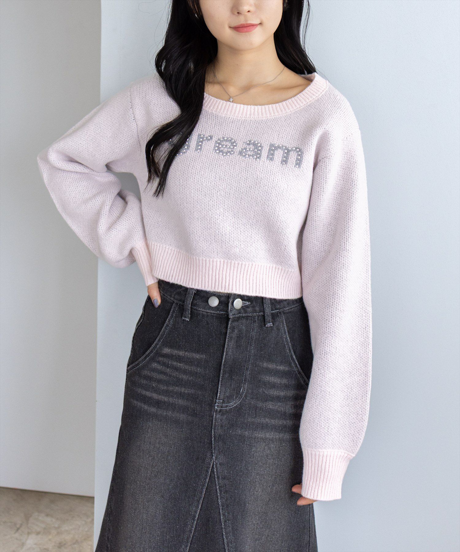 clear≪AW新作≫ストーンロゴジャガードクロップドニットトップス