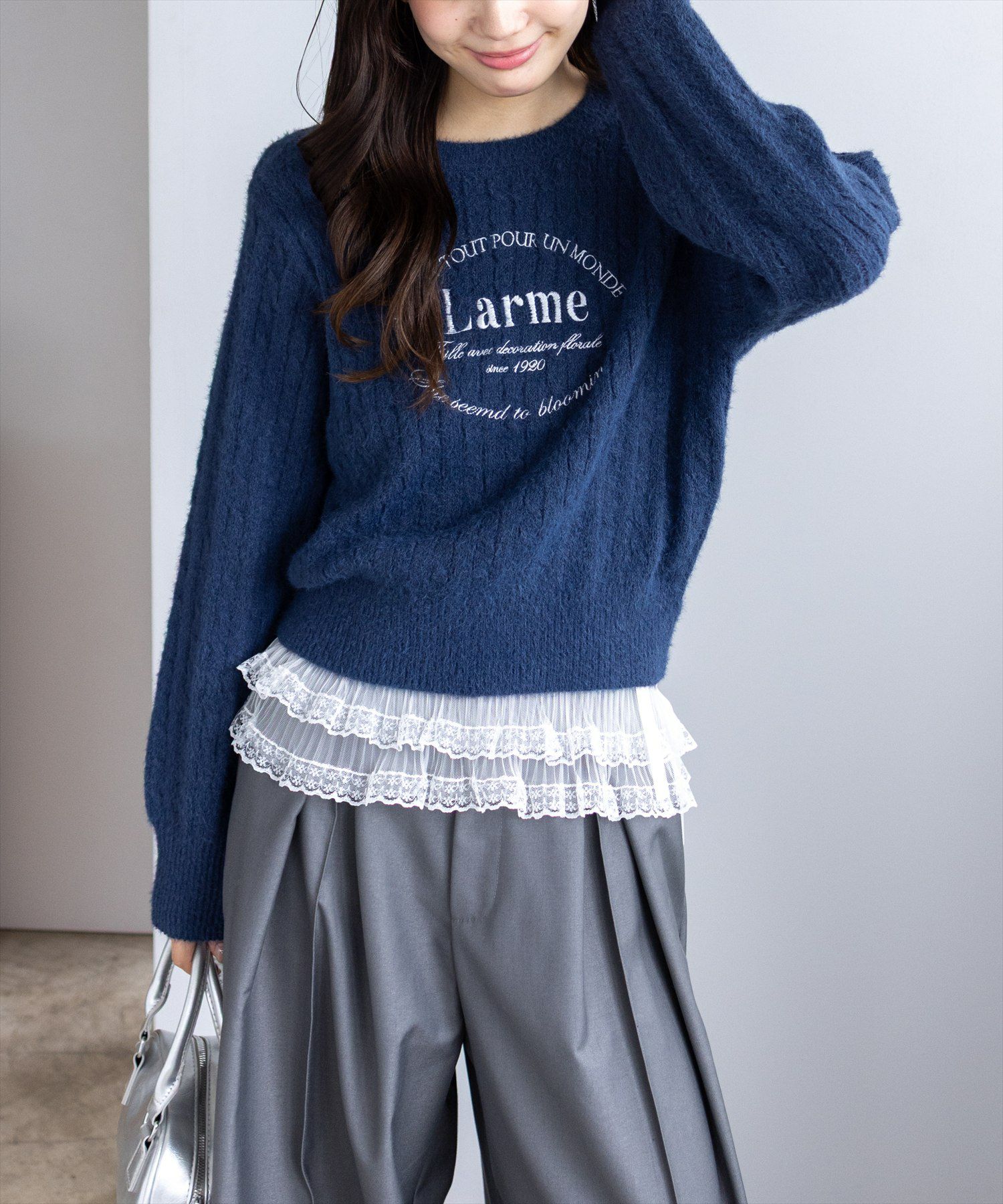 clear フロント刺繍シャギーケーブルニットトップス[CL9320