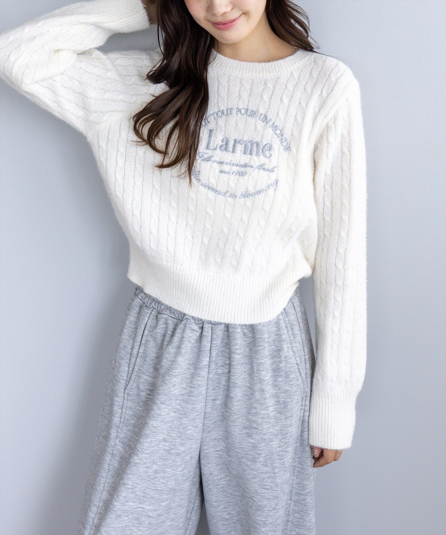 clear フロント刺繍シャギーケーブルニットトップス[CL9320