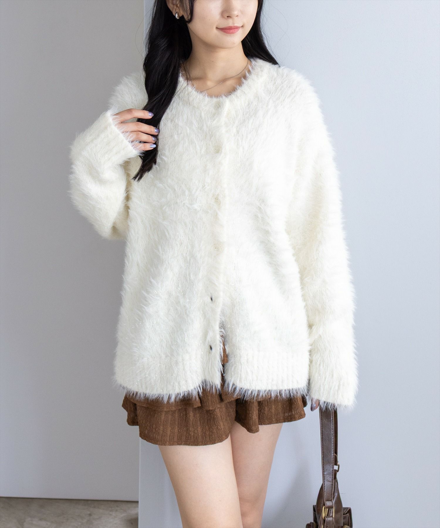 CLEAR BASIC≪AW新作≫グリッターフェザーニットロングカーディガン