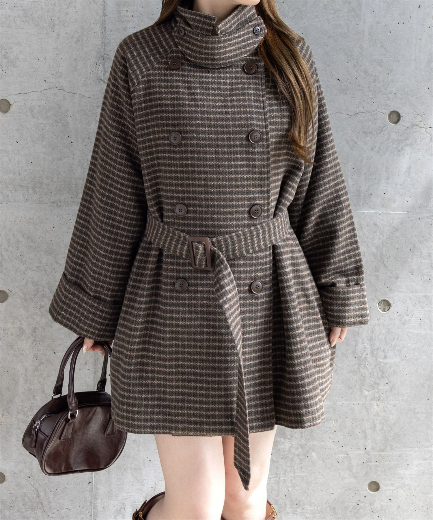 clear≪AW新作≫スタンドカラーダブルミドルチェックコート[CL9081