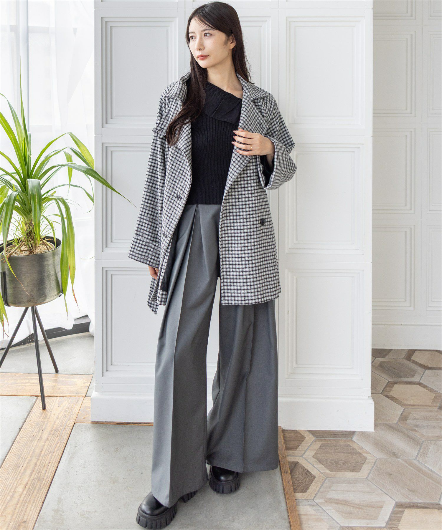 165cm/ブラック×チェック着用