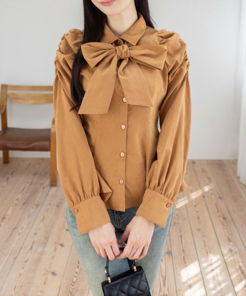 ぴーち様order髪飾り clear≪AW新作≫ピーチリボンタックシャツ[CL9534] | レディース