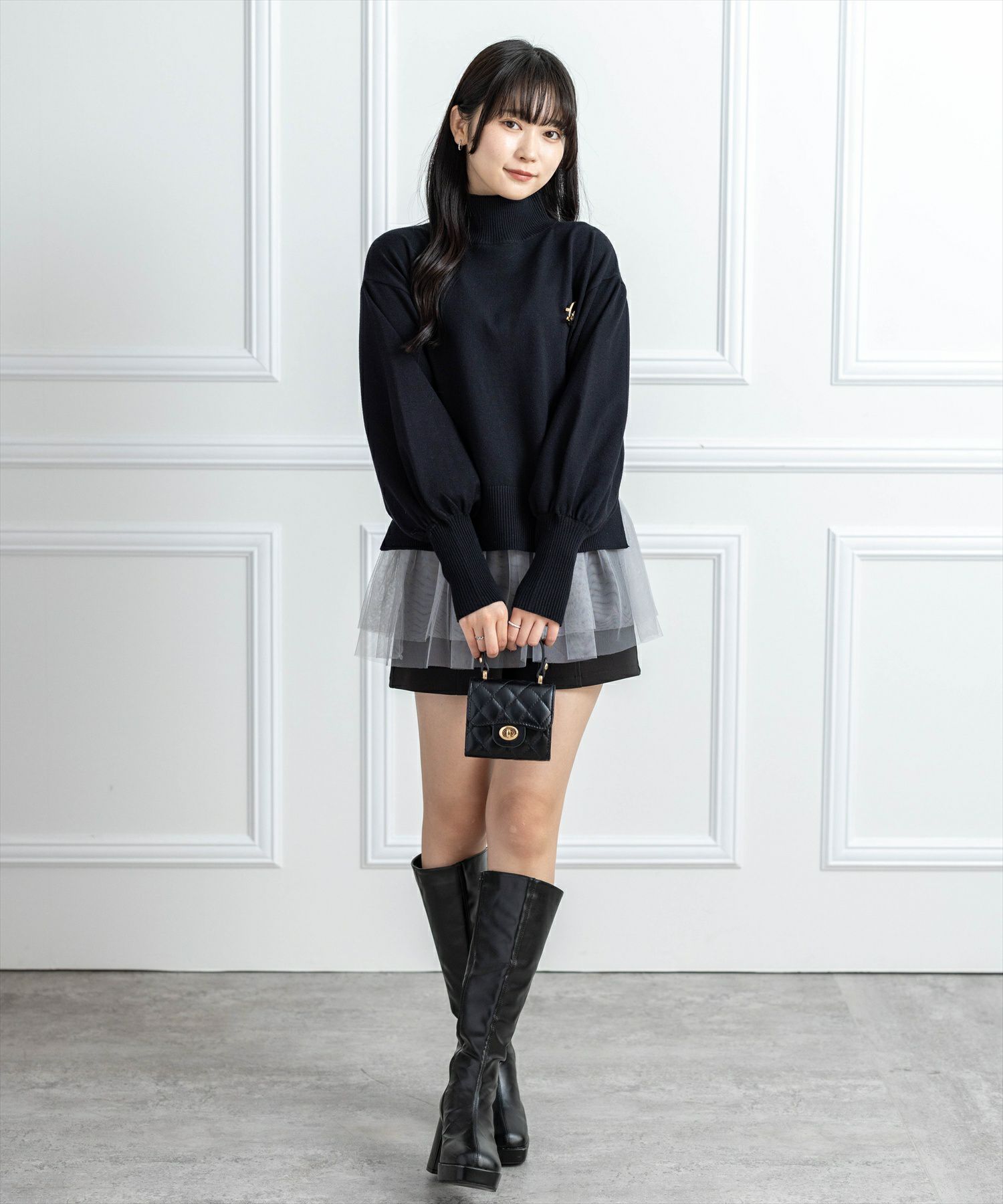 CLEAR BASIC≪新色追加≫ブローチ付きハイネックニットトップス