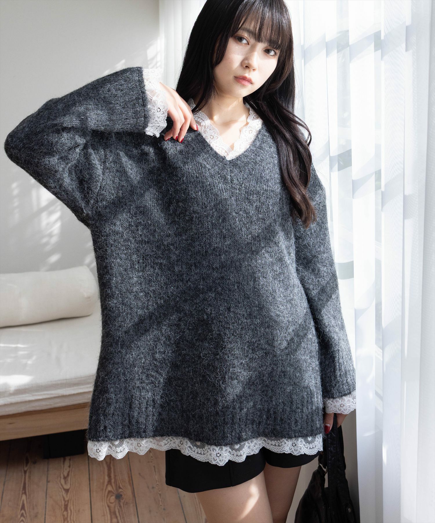 STAY MOTION≪WEB限定≫レース付きVネックニットトップス[ST1069