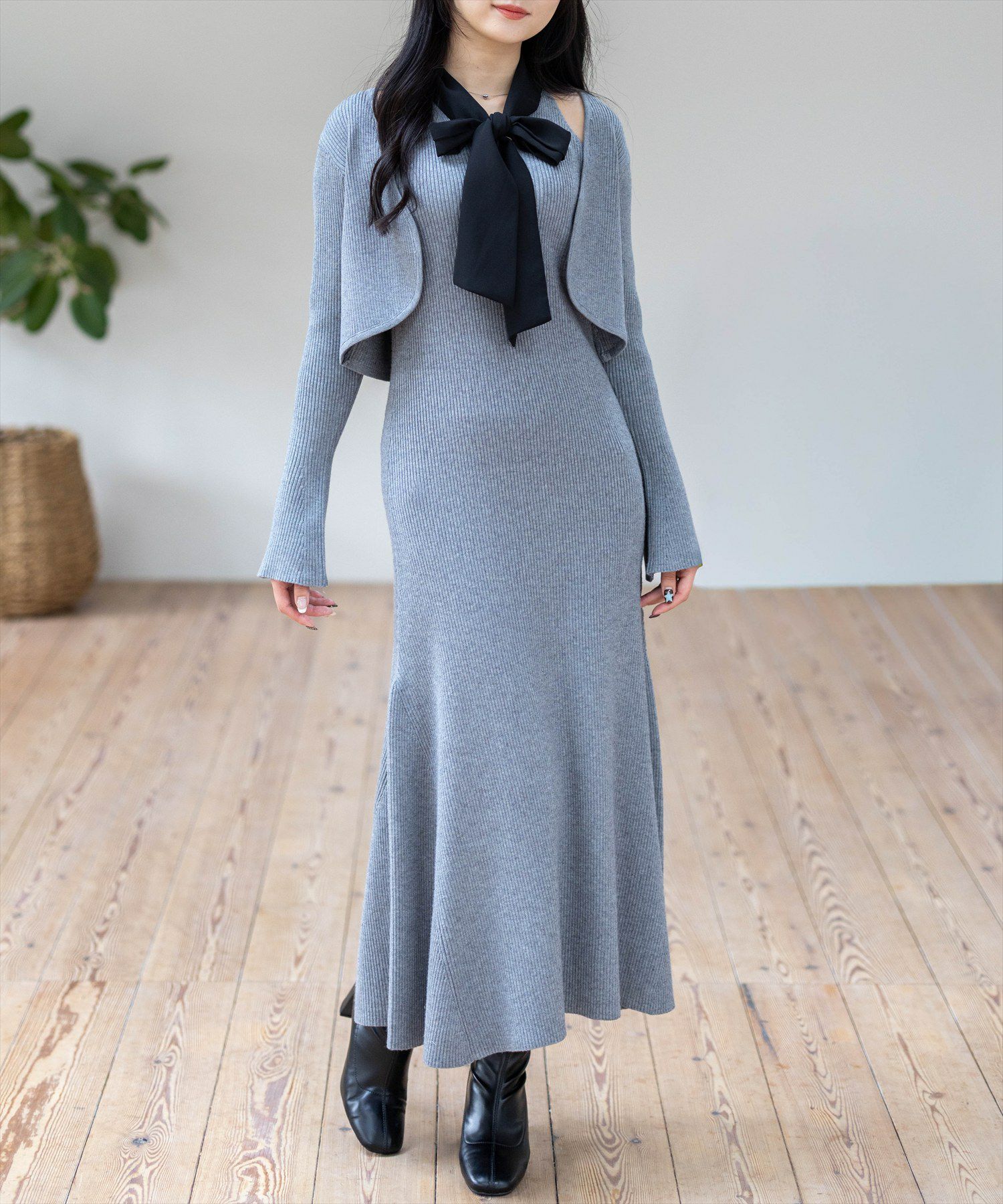 【ほぼ未使用】フィフィ&ロメオ カシミヤ100% ニット＋ボレロセット 黒 SS CLEAR BASIC ボウタイリボンニットワンピース＆ニットボレロセット