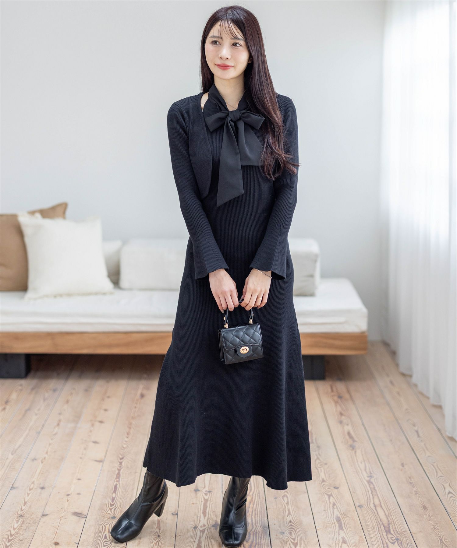 CLEAR BASIC≪AW新作≫ボウタイリボンニットワンピース＆ニットボレロ