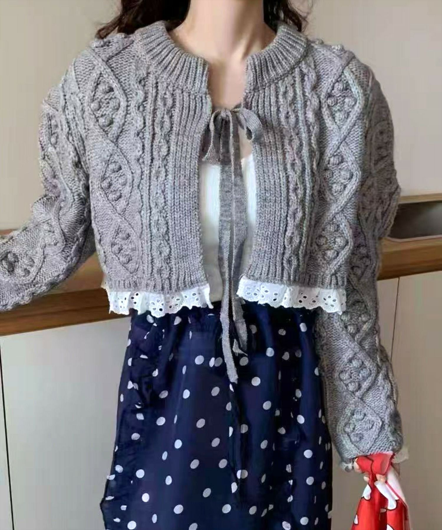 STAY MOTION≪WEB限定≫フロントリボン裾レースニットカーディガン