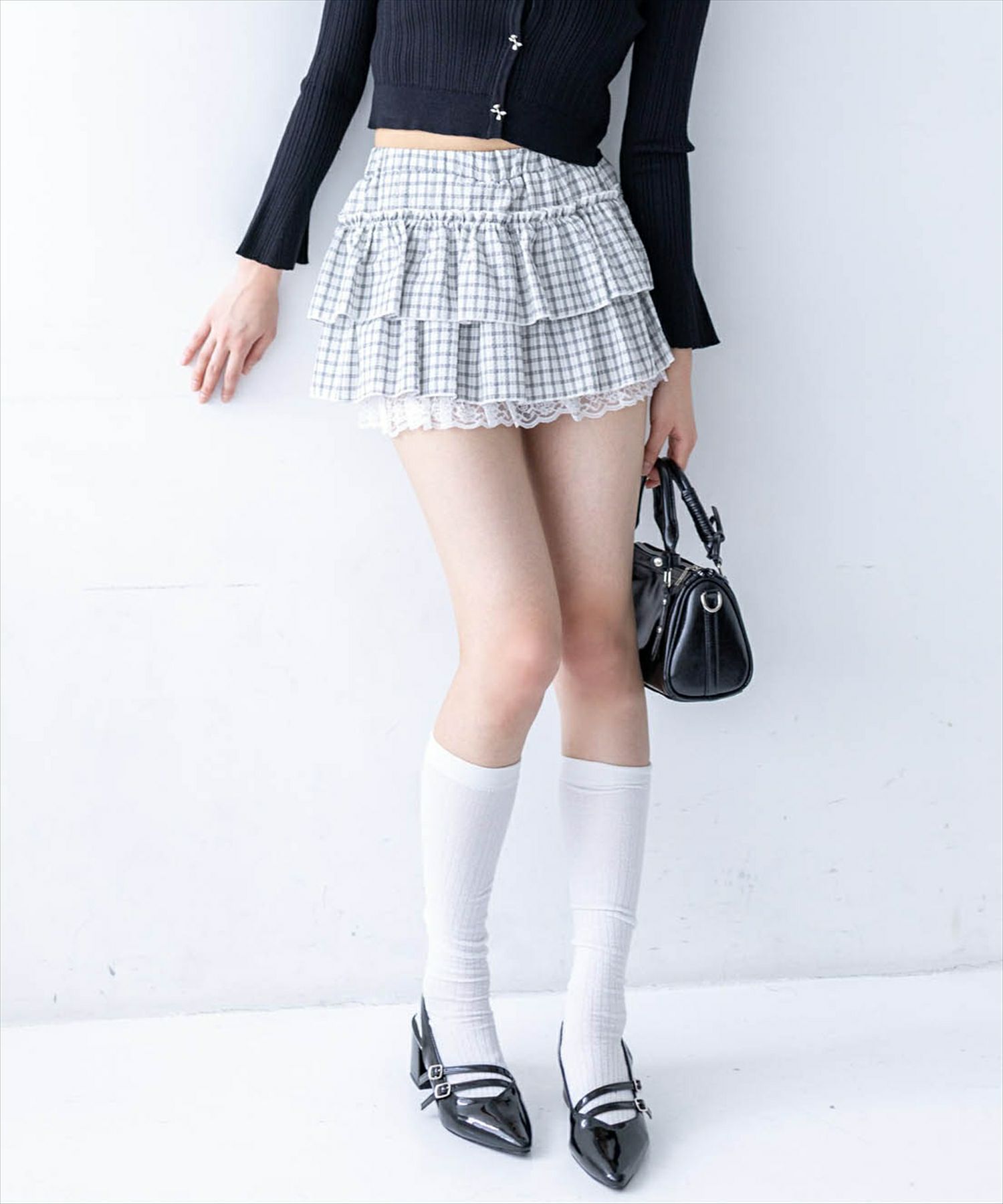 clear チェック柄フリルティアードミニスカート