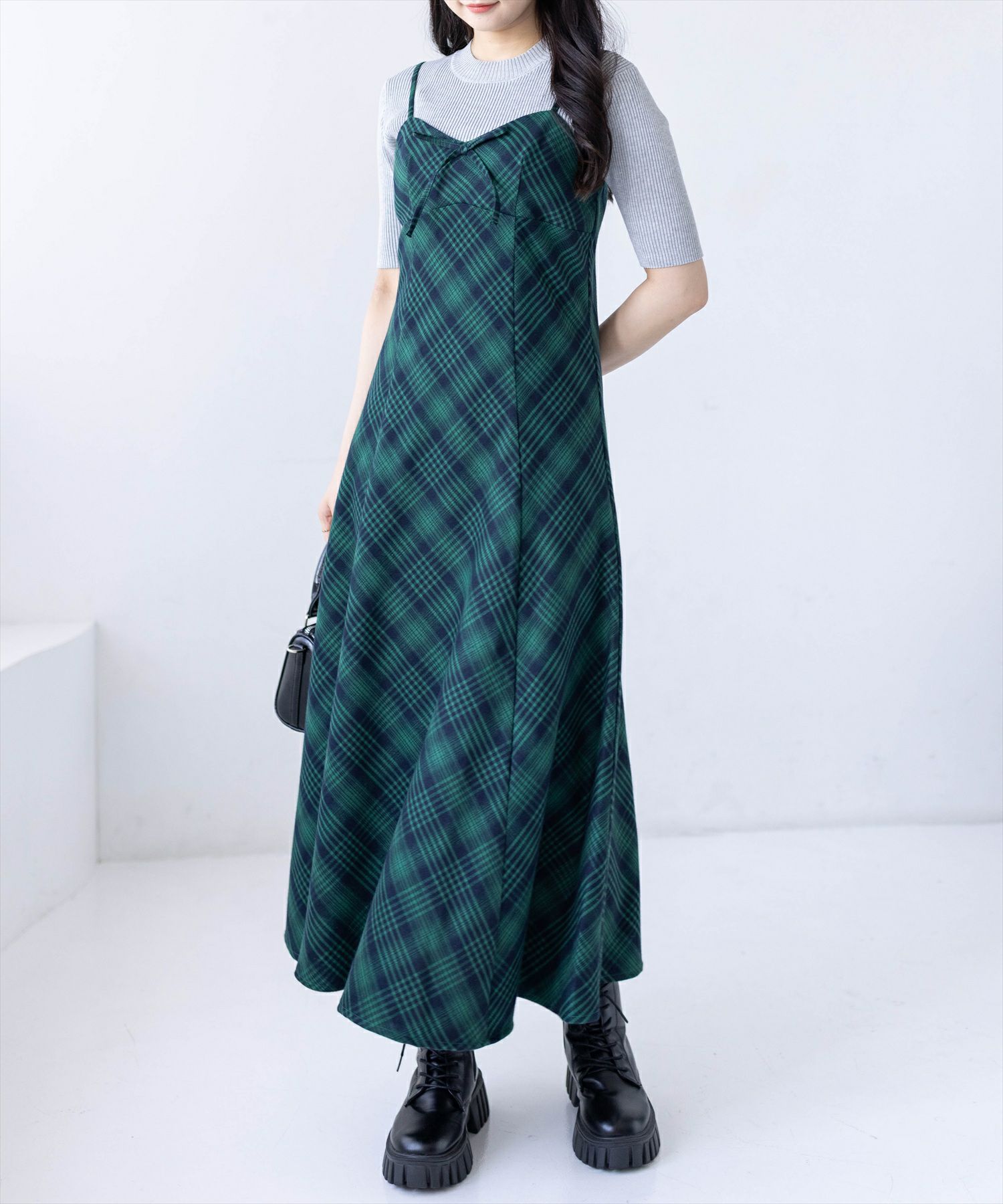 162cm/グリーン×チェック F着用