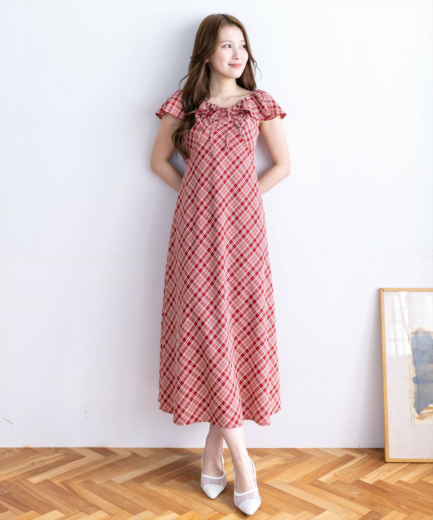 clear≪新作≫ウエストリボン付きチェック柄フリルワンピース[CL9617